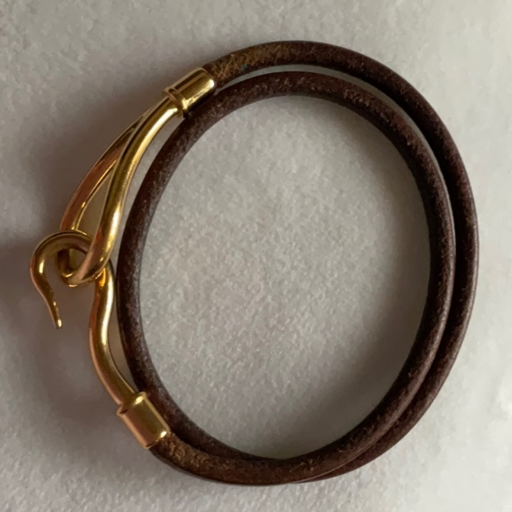 💯 Authentic HERMES Double Wrap Gold & Brown Leather Bangle